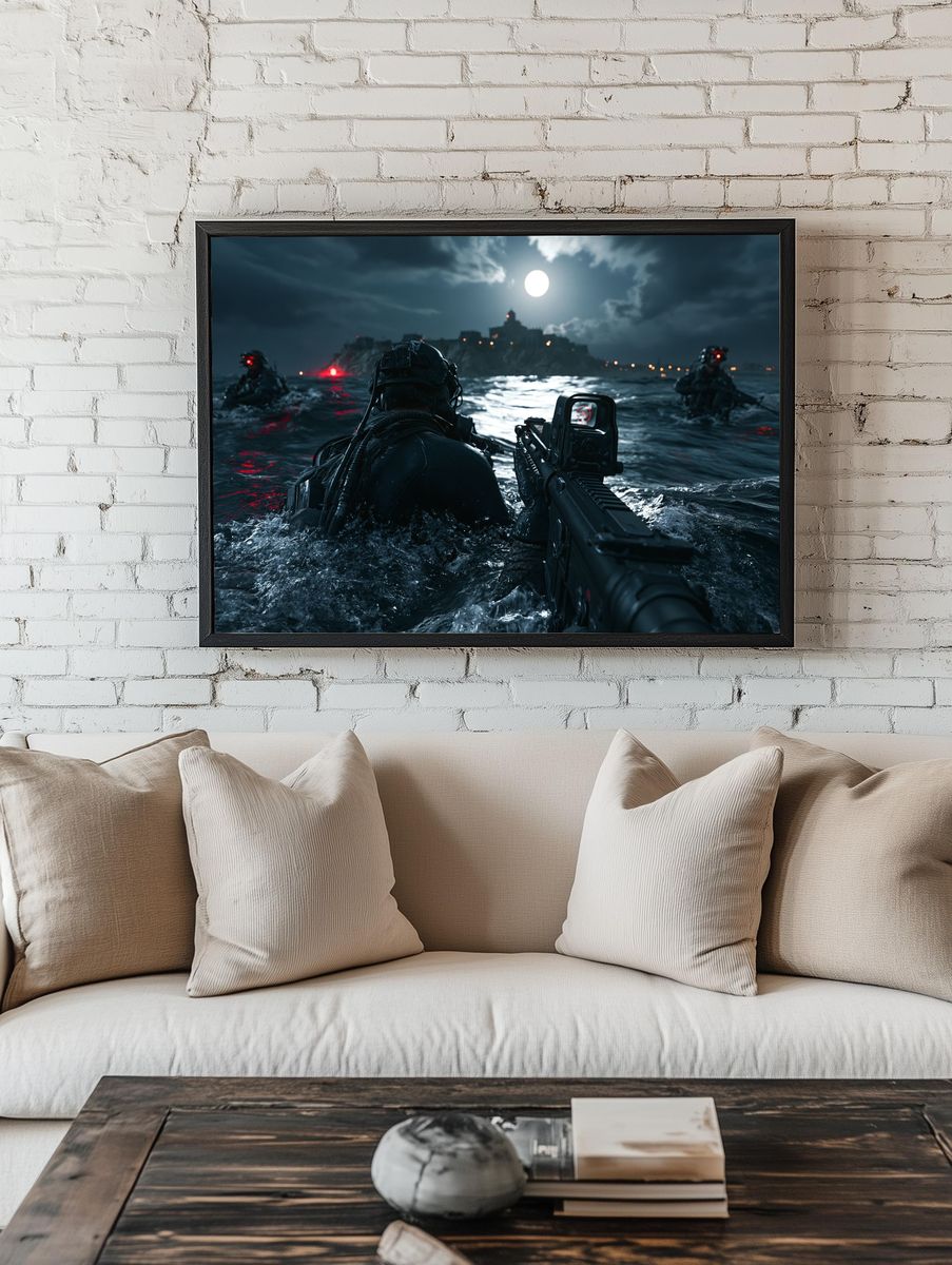 Moonlit Tactical Assault Sci-Fi Poster. room preview
