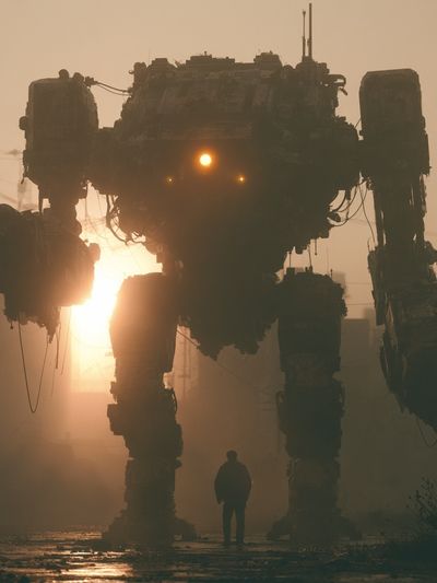 Giant Robot at Sunset Print. poster