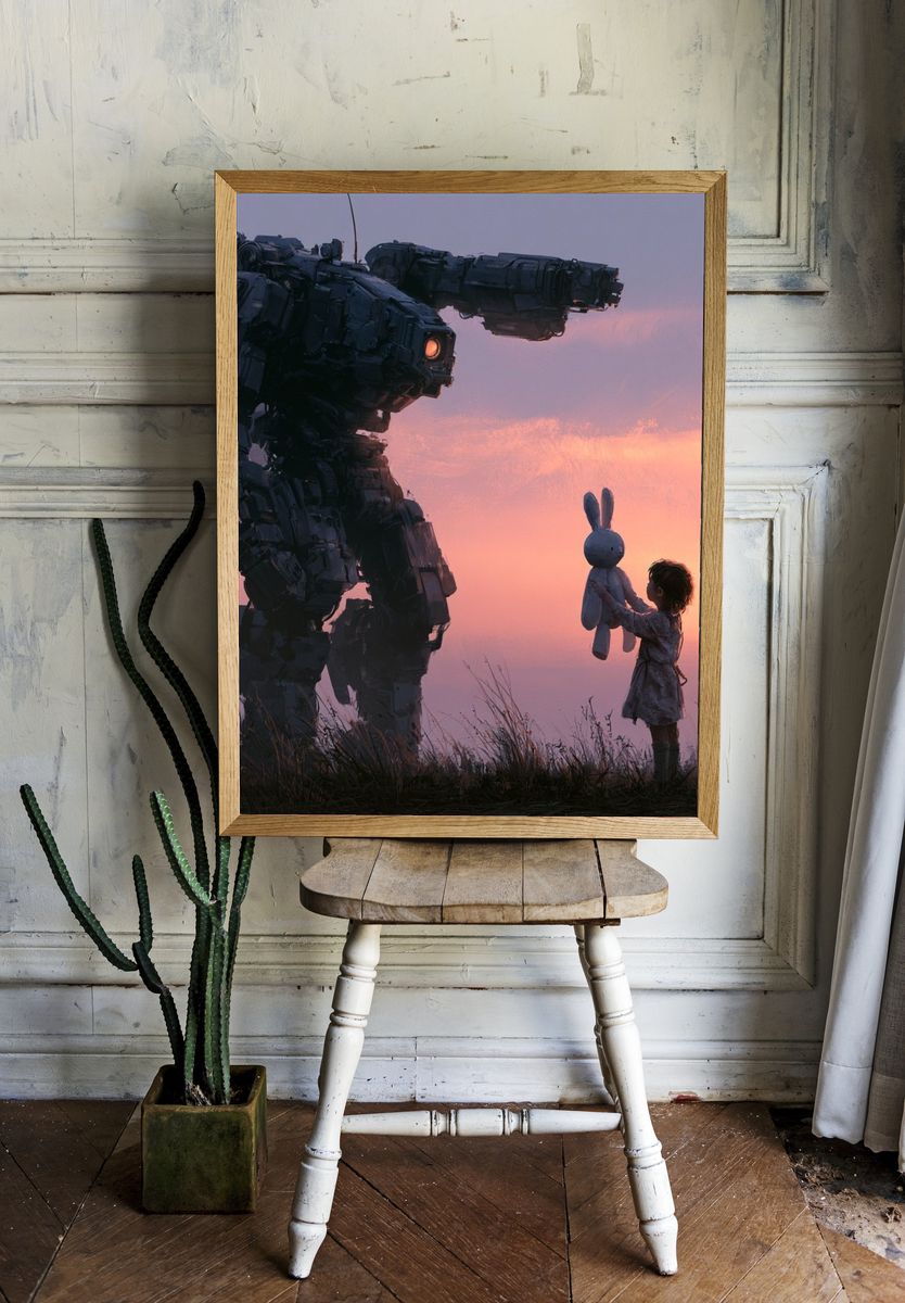 Robot and Child Sunset Sci-Fi Print. room preview