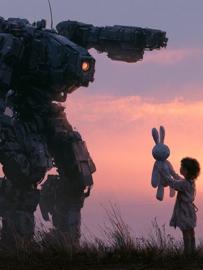 Robot and Child Sunset Sci-Fi Print. poster