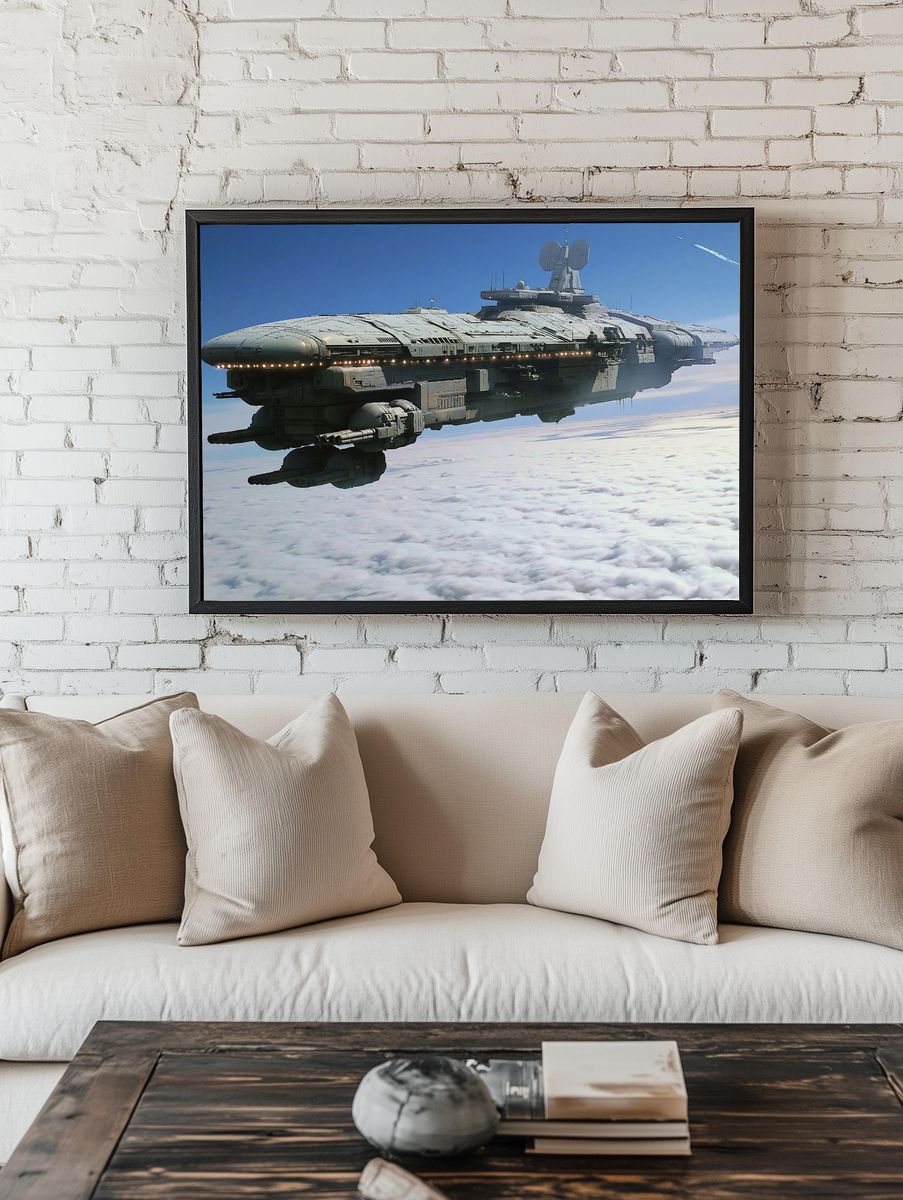Sci-Fi Starship in Clouds Poster. room preview