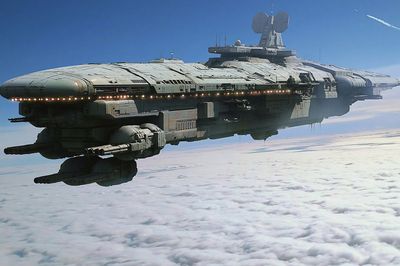 Sci-Fi Starship in Clouds Poster.