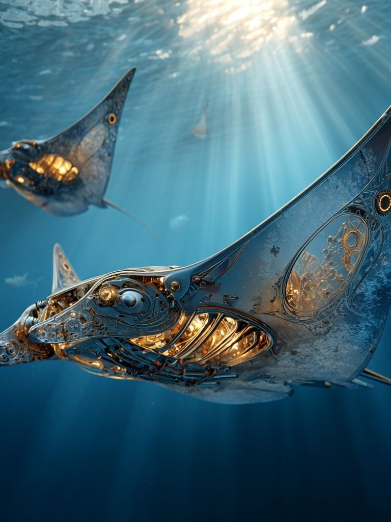 Mechanical Manta Rays Underwater Print. poster — illustration art