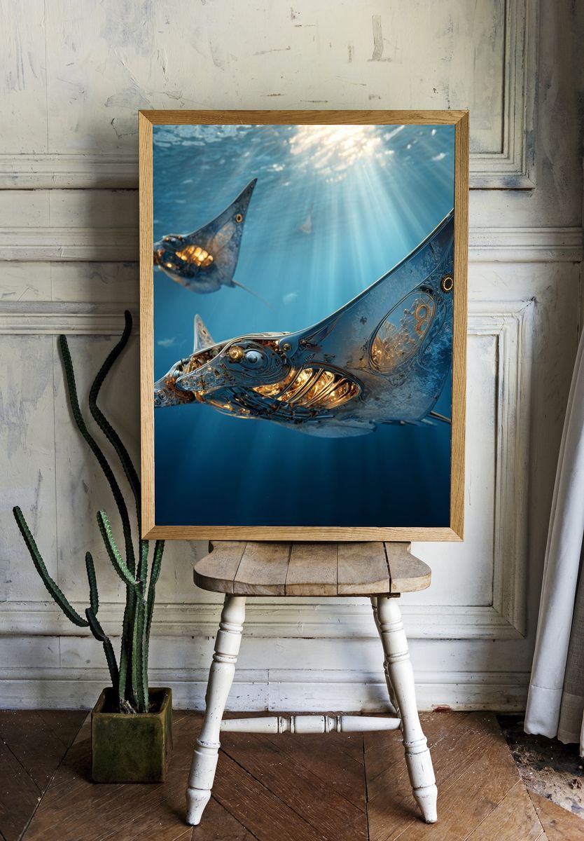 Mechanical Manta Rays Underwater Print. — room view 1