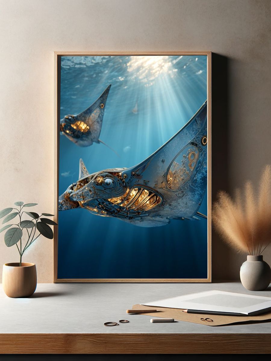 Mechanical Manta Rays Underwater Print. — room view 2