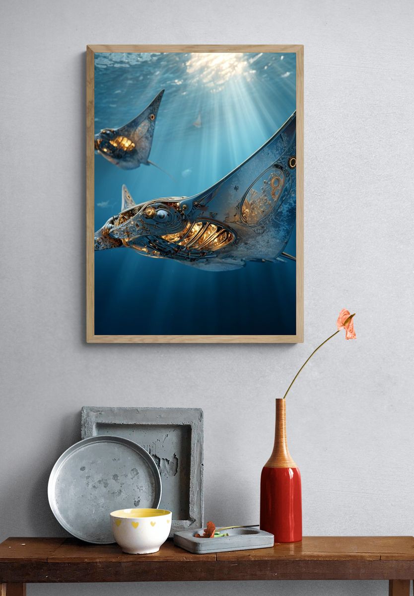 Mechanical Manta Rays Underwater Print. — room view 3