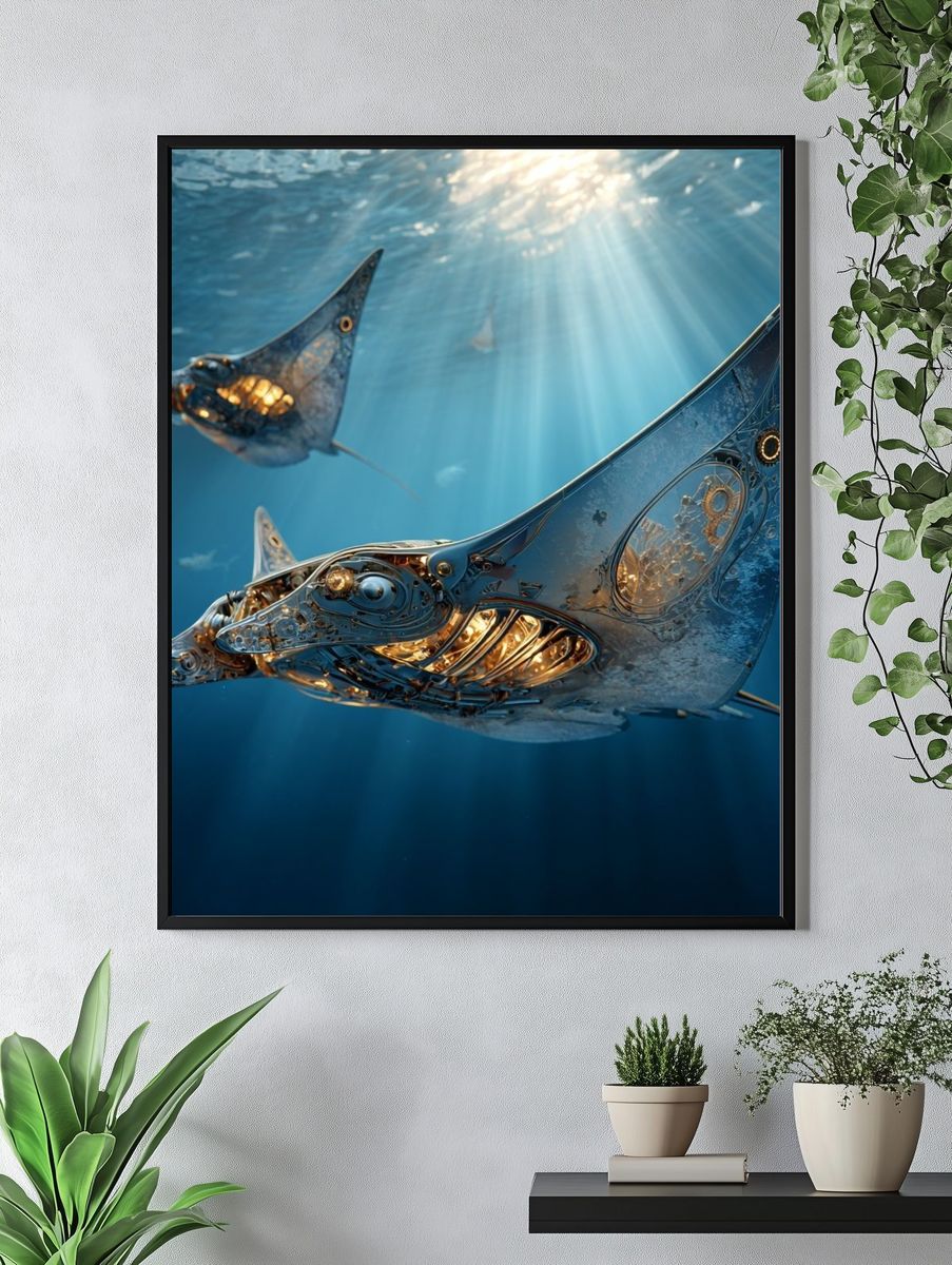 Mechanical Manta Rays Underwater Print. — room view 4