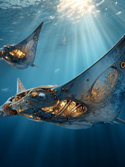 Mechanical Manta Rays Underwater Print. poster