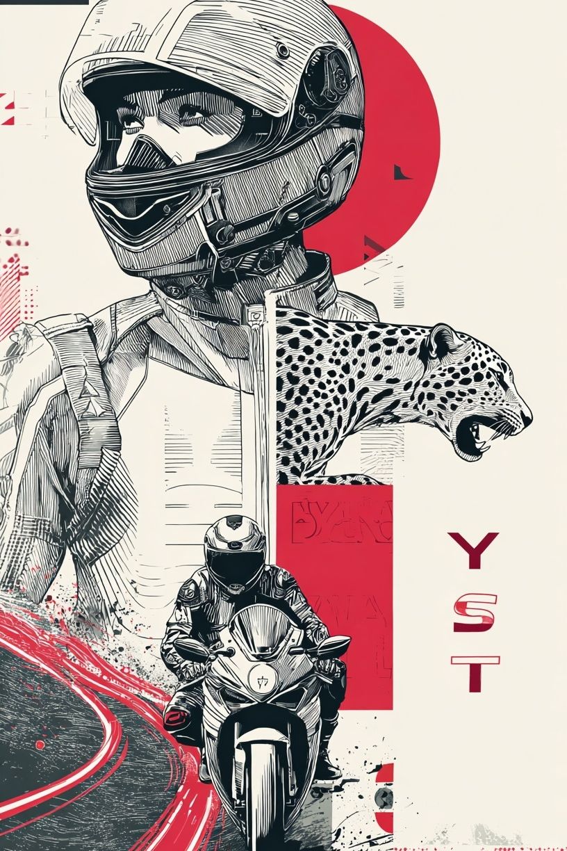Motorcycle Racer and Leopard — Illustration Print. poster — illustration art