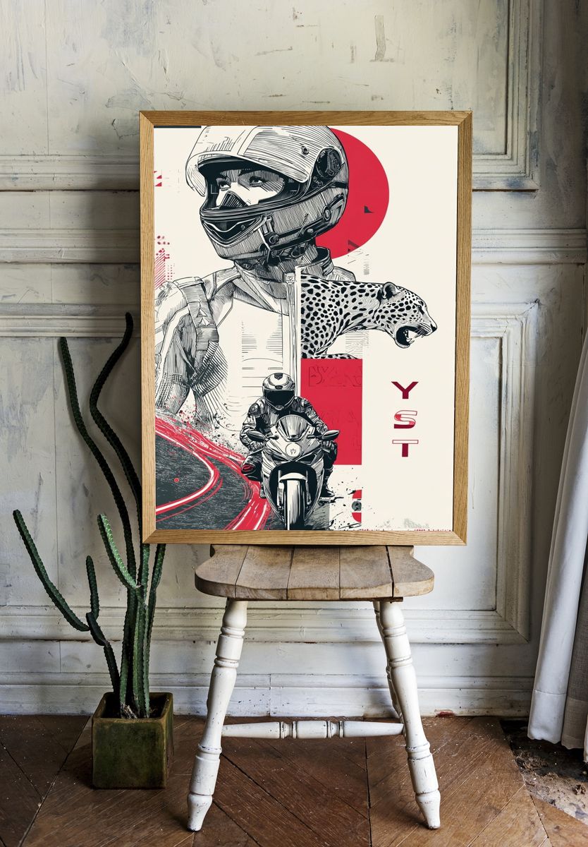 Motorcycle Racer and Leopard — Illustration Print. — room view 1