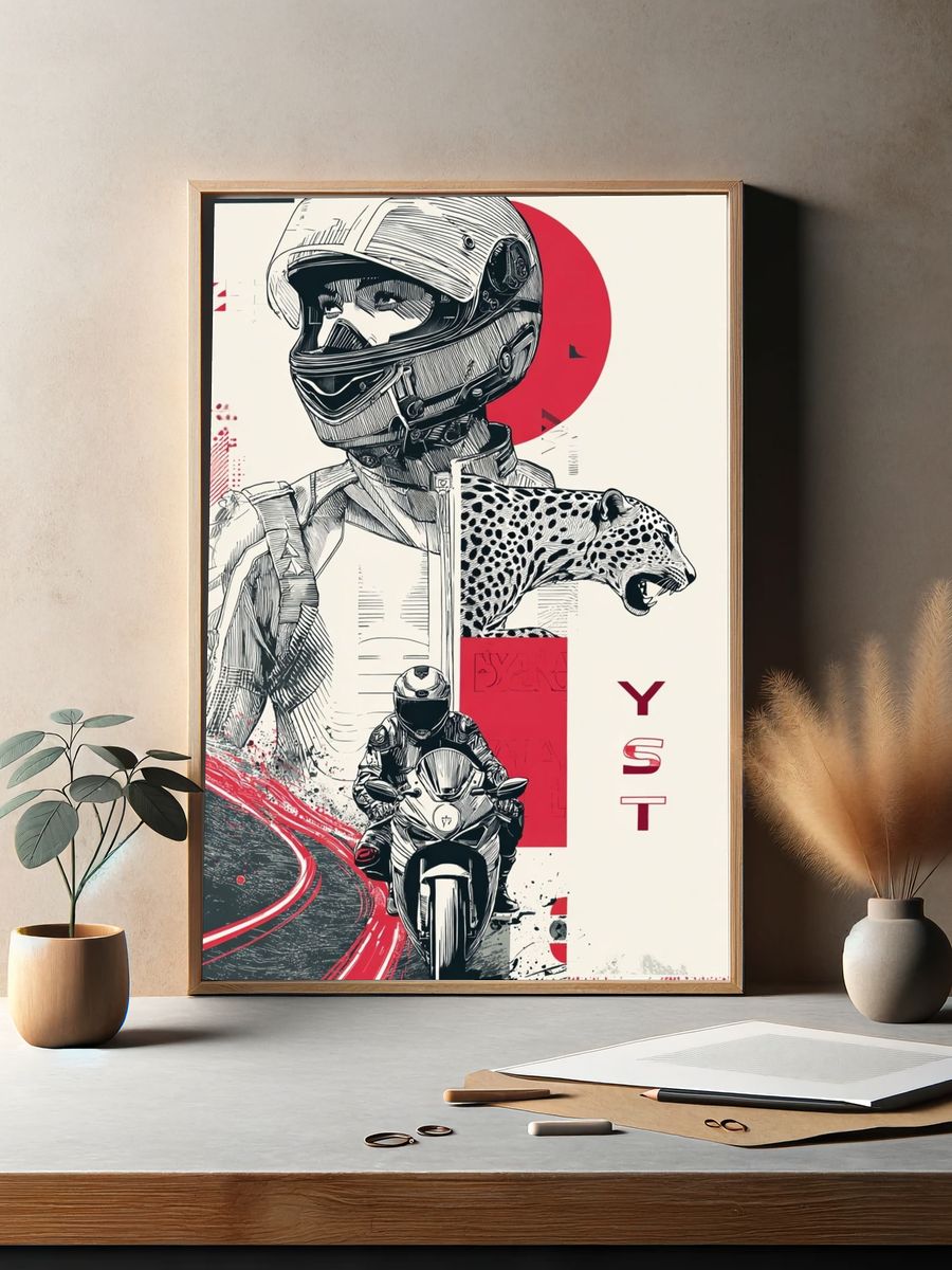 Motorcycle Racer and Leopard — Illustration Print. — room view 2