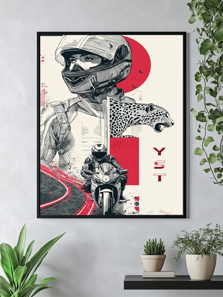 Motorcycle Racer and Leopard — Illustration Print. — room view 4