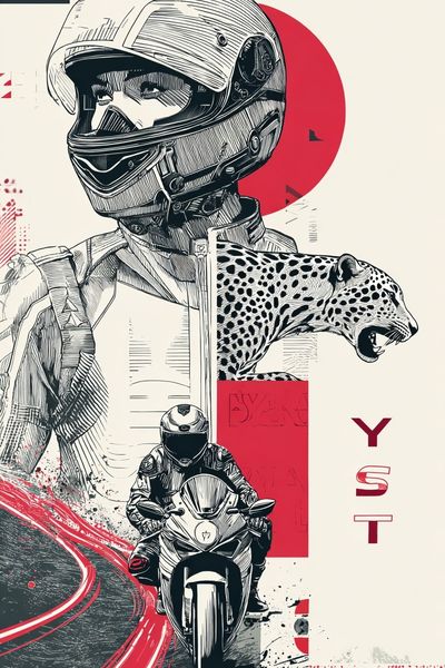 Motorcycle Racer and Leopard — Illustration Print. poster print