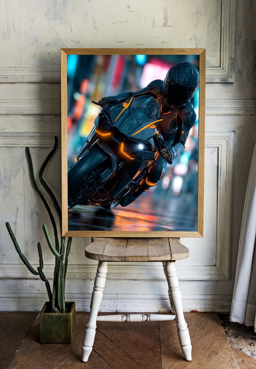 Futuristic Motorcycle Rider — Digital Art Print. — room view 1