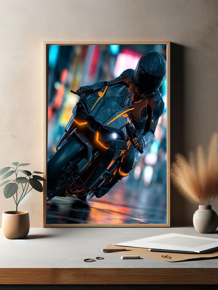 Futuristic Motorcycle Rider — Digital Art Print. — room view 2