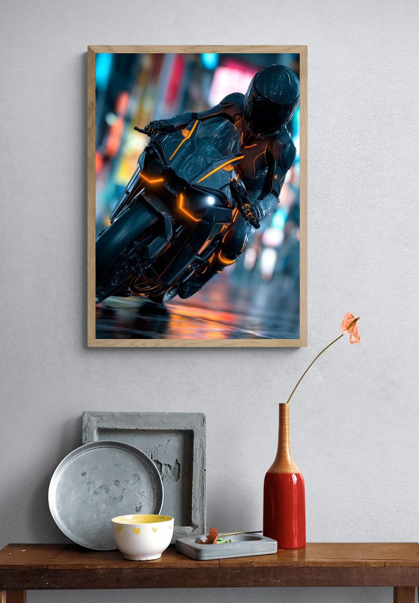 Futuristic Motorcycle Rider — Digital Art Print. — room view 3