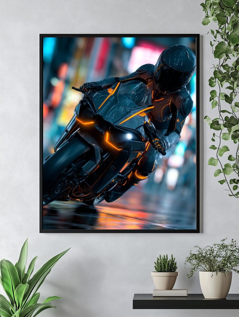Futuristic Motorcycle Rider — Digital Art Print. — room view 4