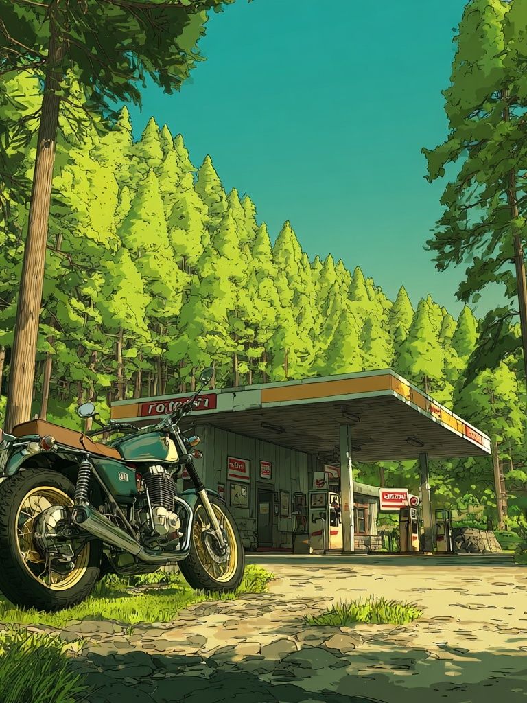 Vintage Motorcycle at Gas Station — Illustration Print. poster — illustration art