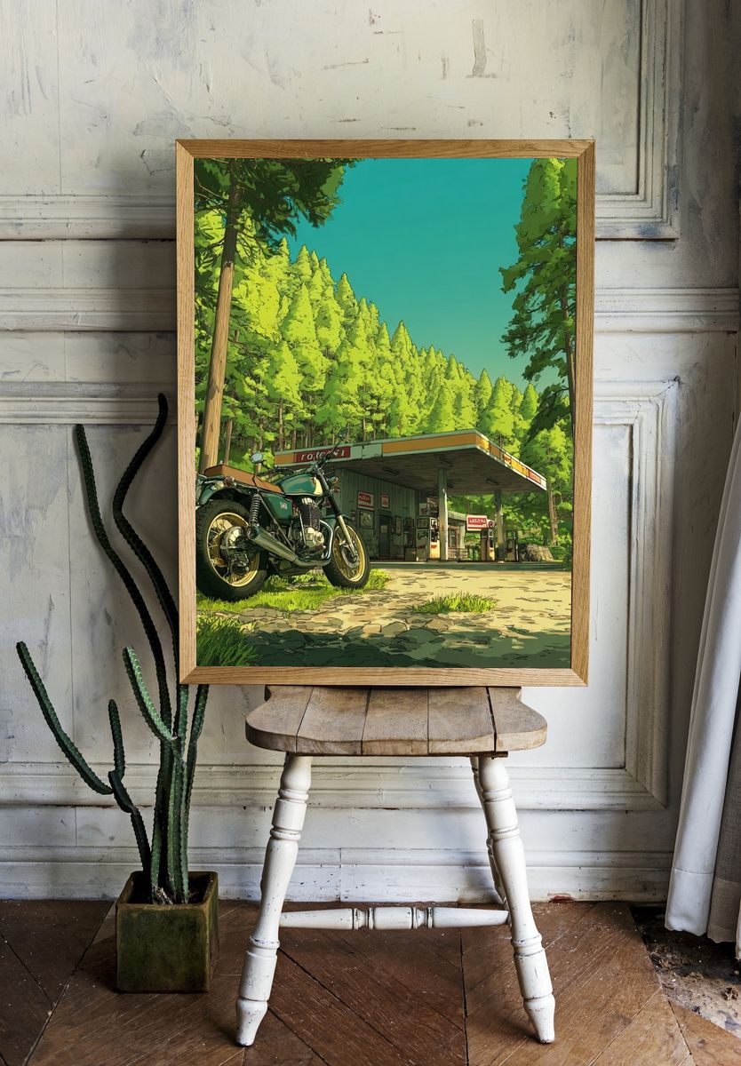Vintage Motorcycle at Gas Station — Illustration Print. — room view 1