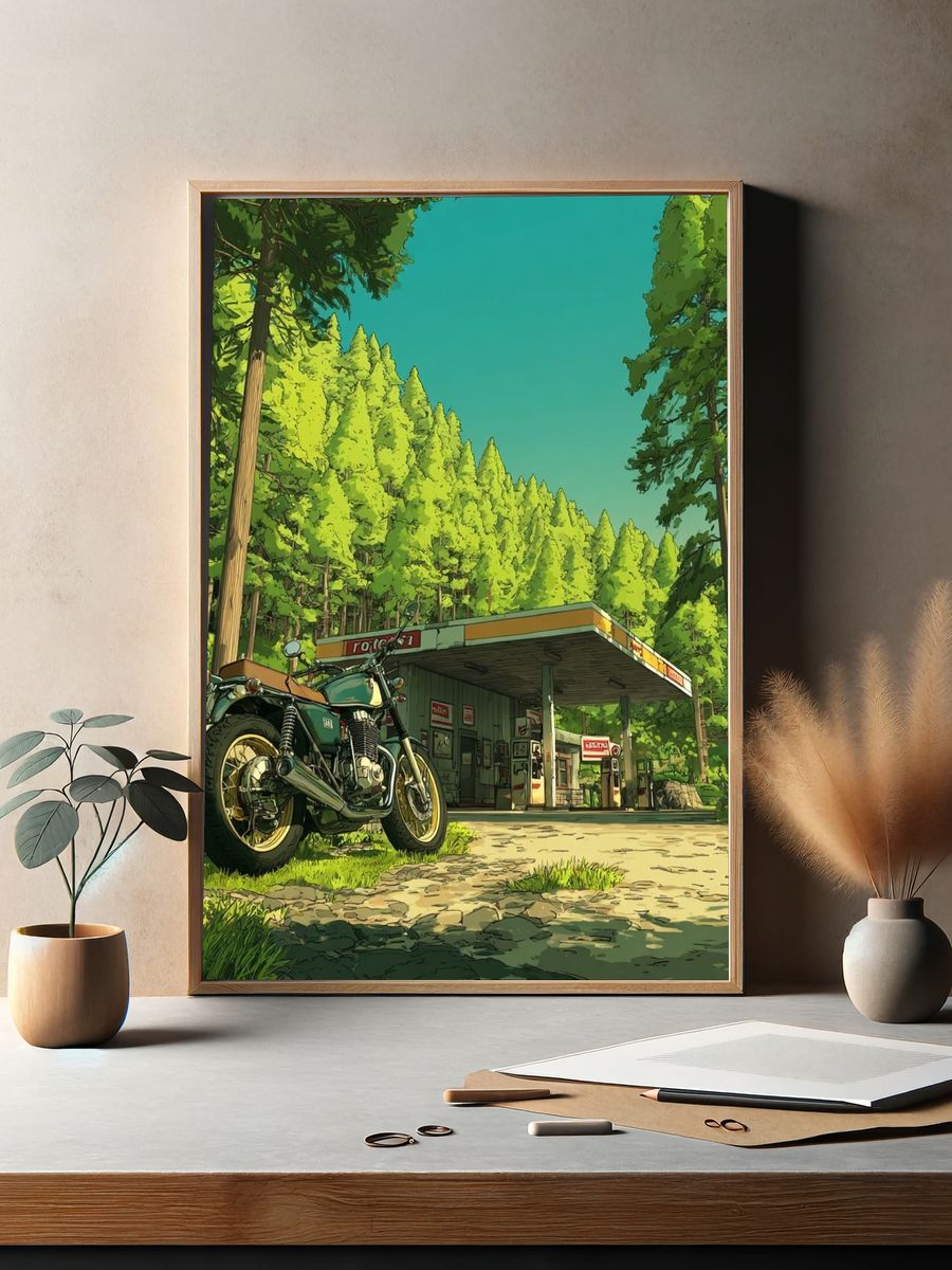 Vintage Motorcycle at Gas Station — Illustration Print. — room view 2