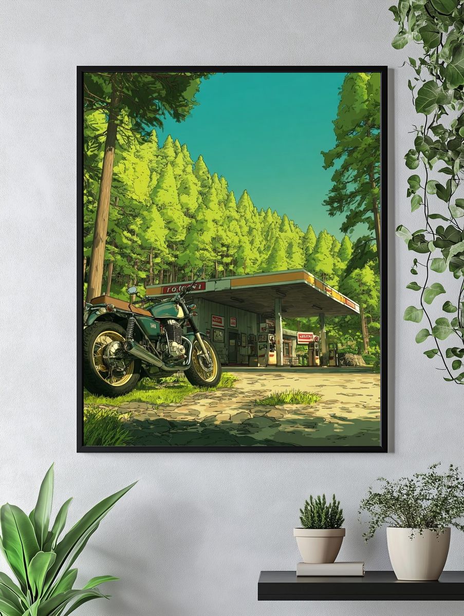 Vintage Motorcycle at Gas Station — Illustration Print. — room view 4