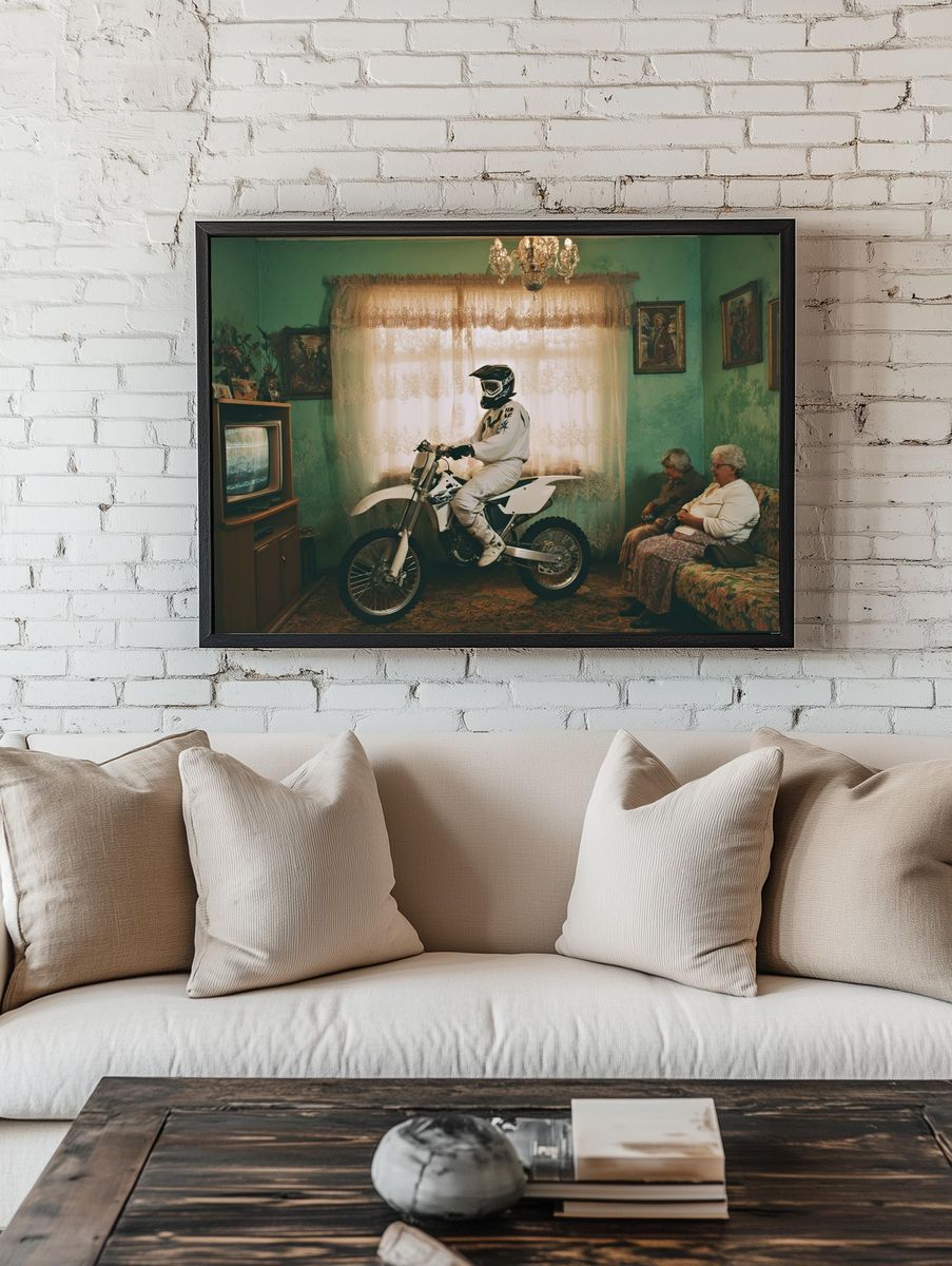 Motorcyclist in Vintage Living Room Poster. — room view 1