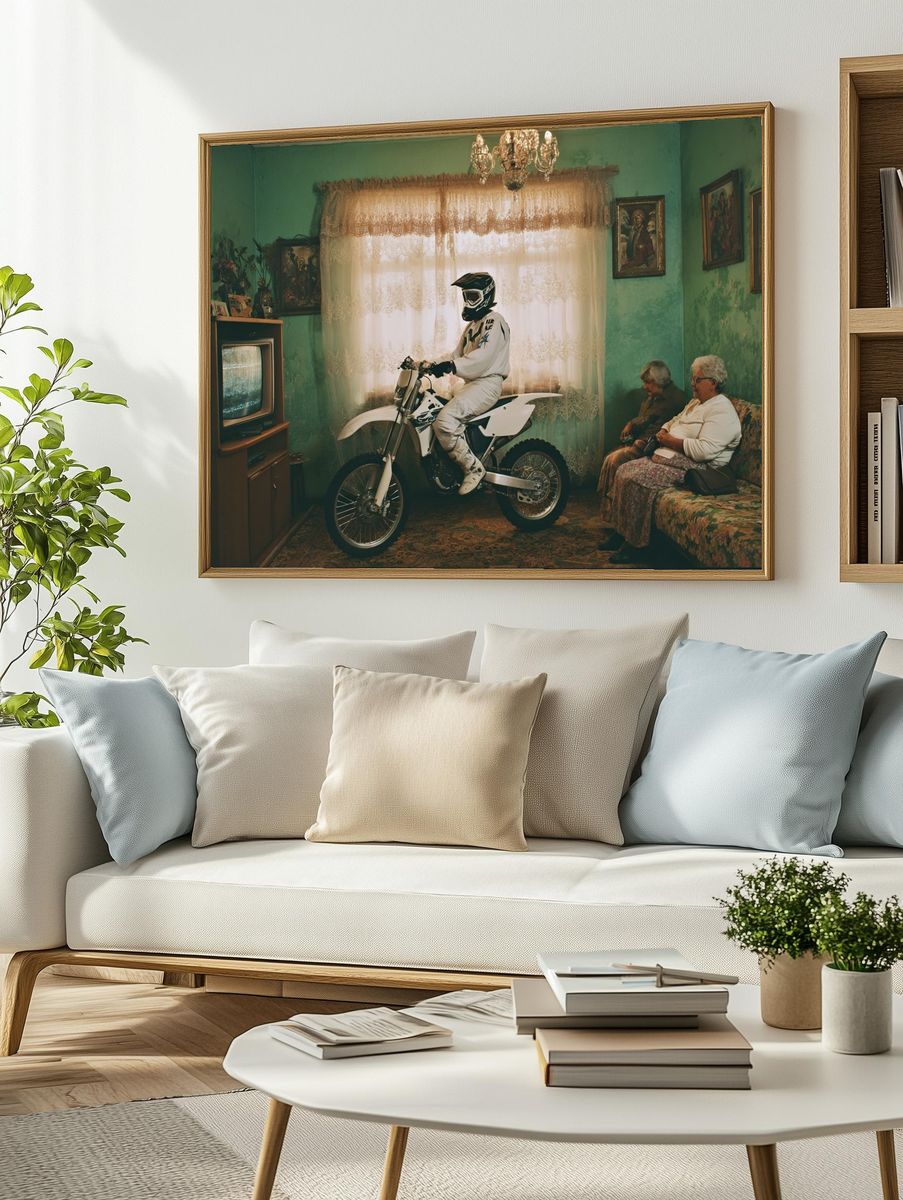 Motorcyclist in Vintage Living Room Poster. — room view 2