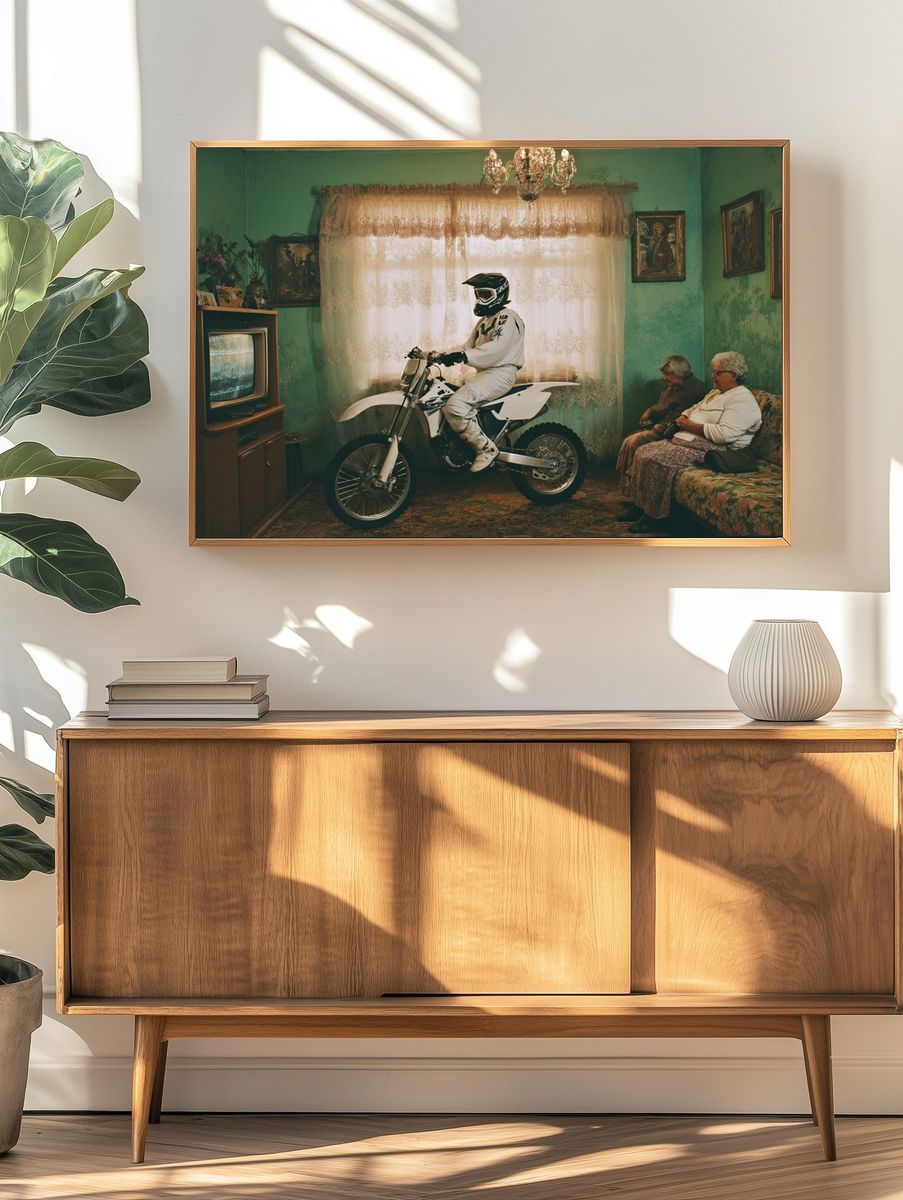 Motorcyclist in Vintage Living Room Poster. — room view 3