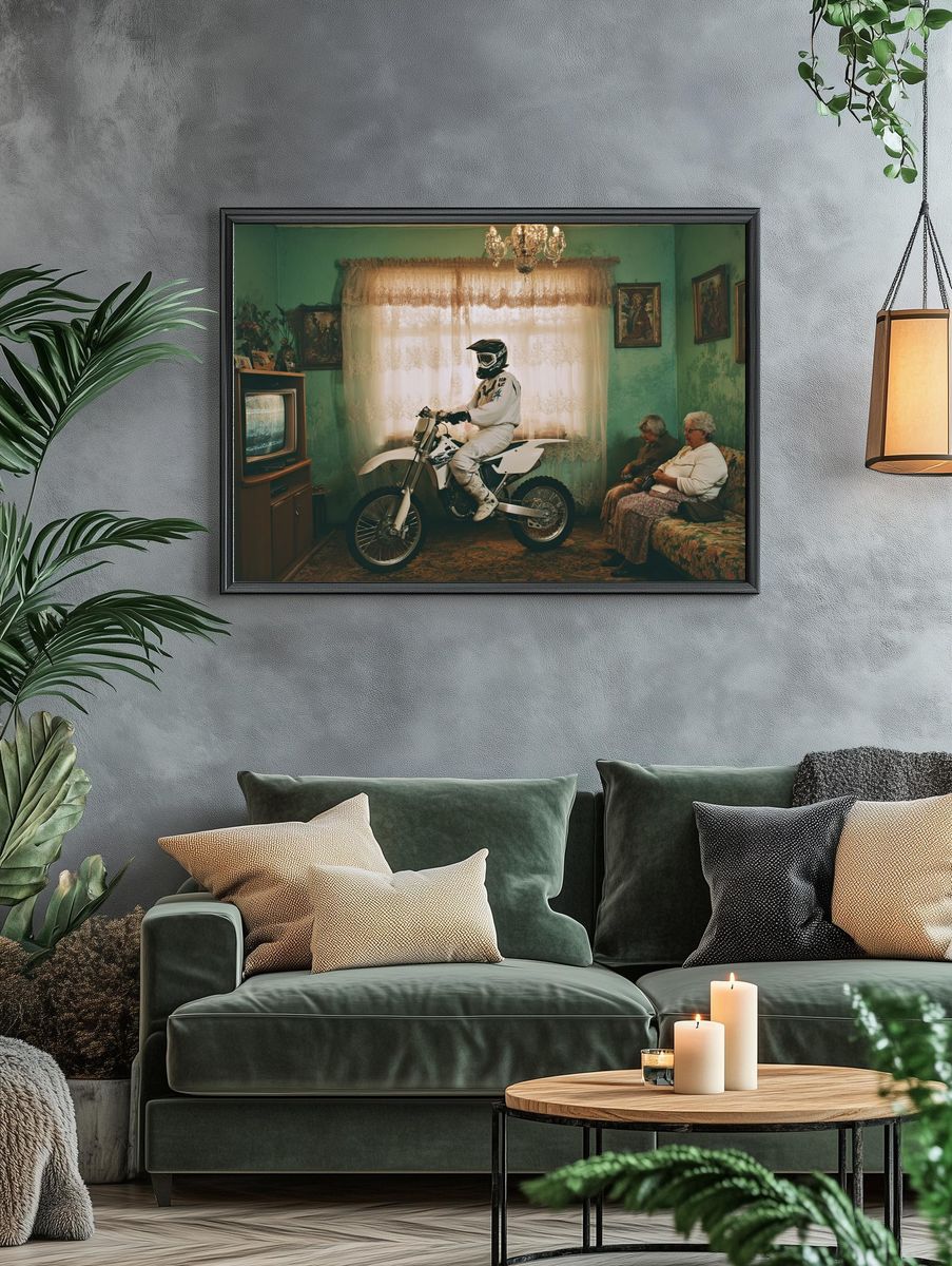 Motorcyclist in Vintage Living Room Poster. — room view 4