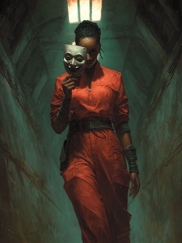 Masked Woman in Corridor Poster. poster — illustration art