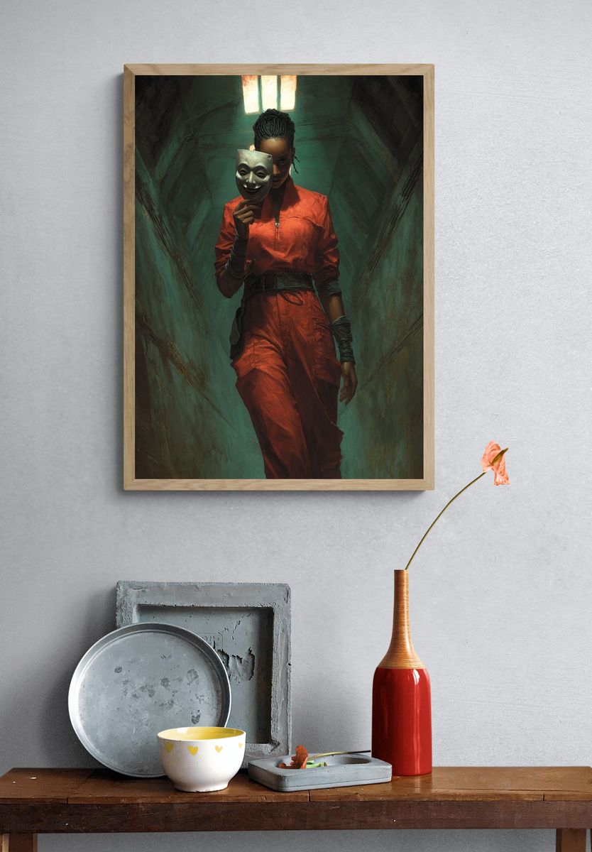 Masked Woman in Corridor Poster. — room view 3