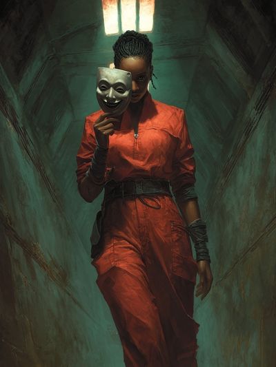 Masked Woman in Corridor Poster. poster