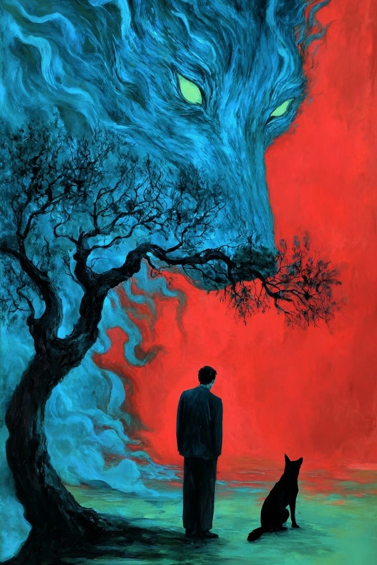 Mysterious Wolf & Man — Dark Surreal Wall Art Print. poster detail