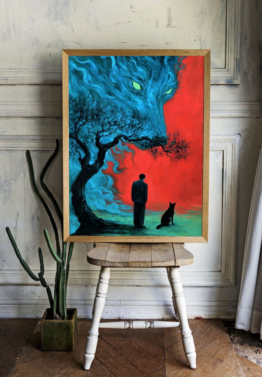 Mysterious Wolf & Man — Dark Surreal Wall Art Print. — room view 1