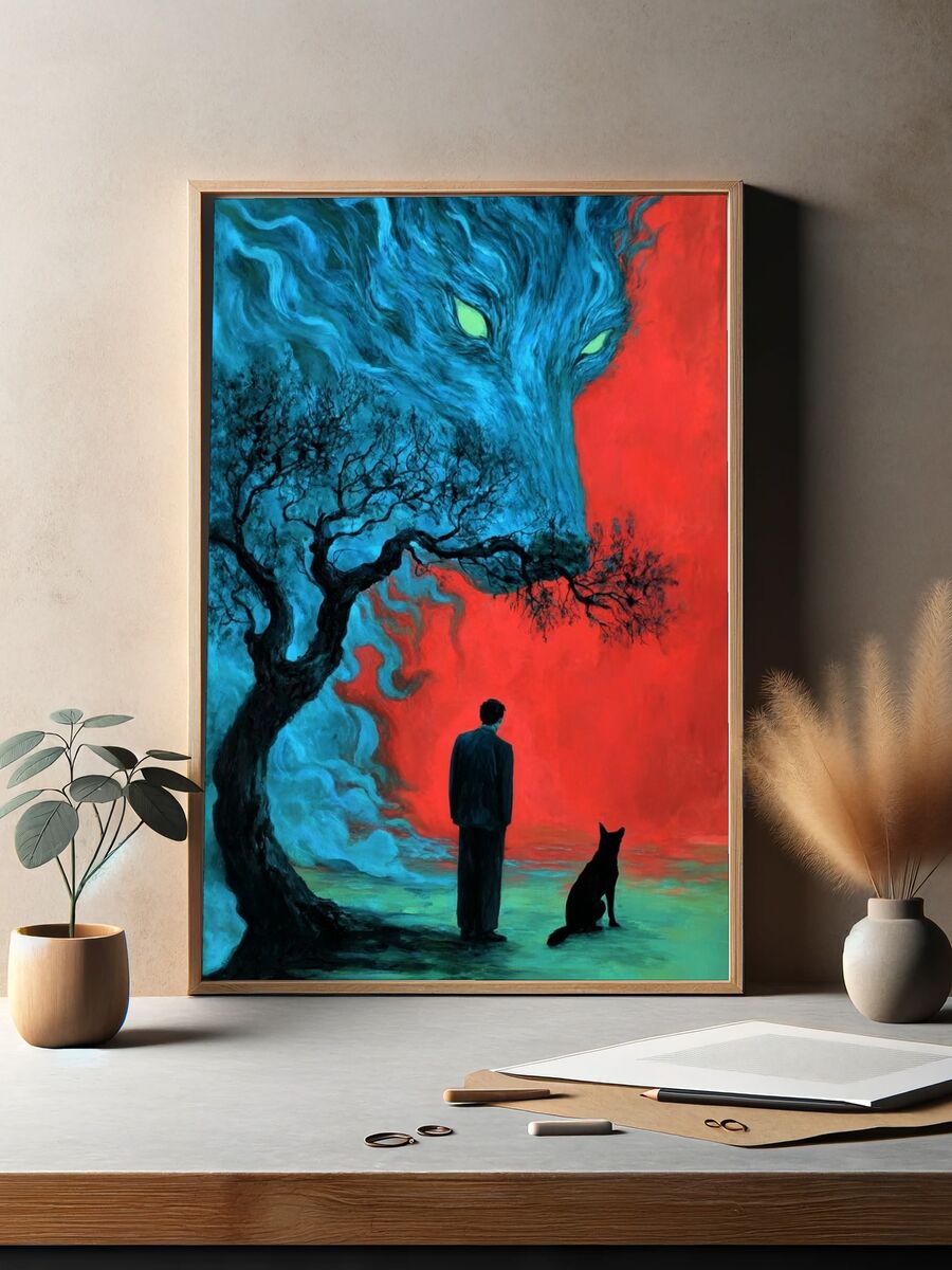 Mysterious Wolf & Man — Dark Surreal Wall Art Print. — room view 2