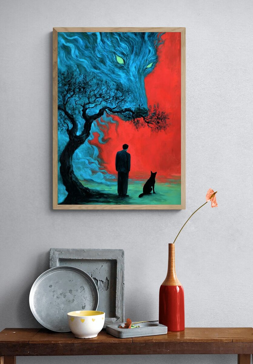 Mysterious Wolf & Man — Dark Surreal Wall Art Print. — room view 3