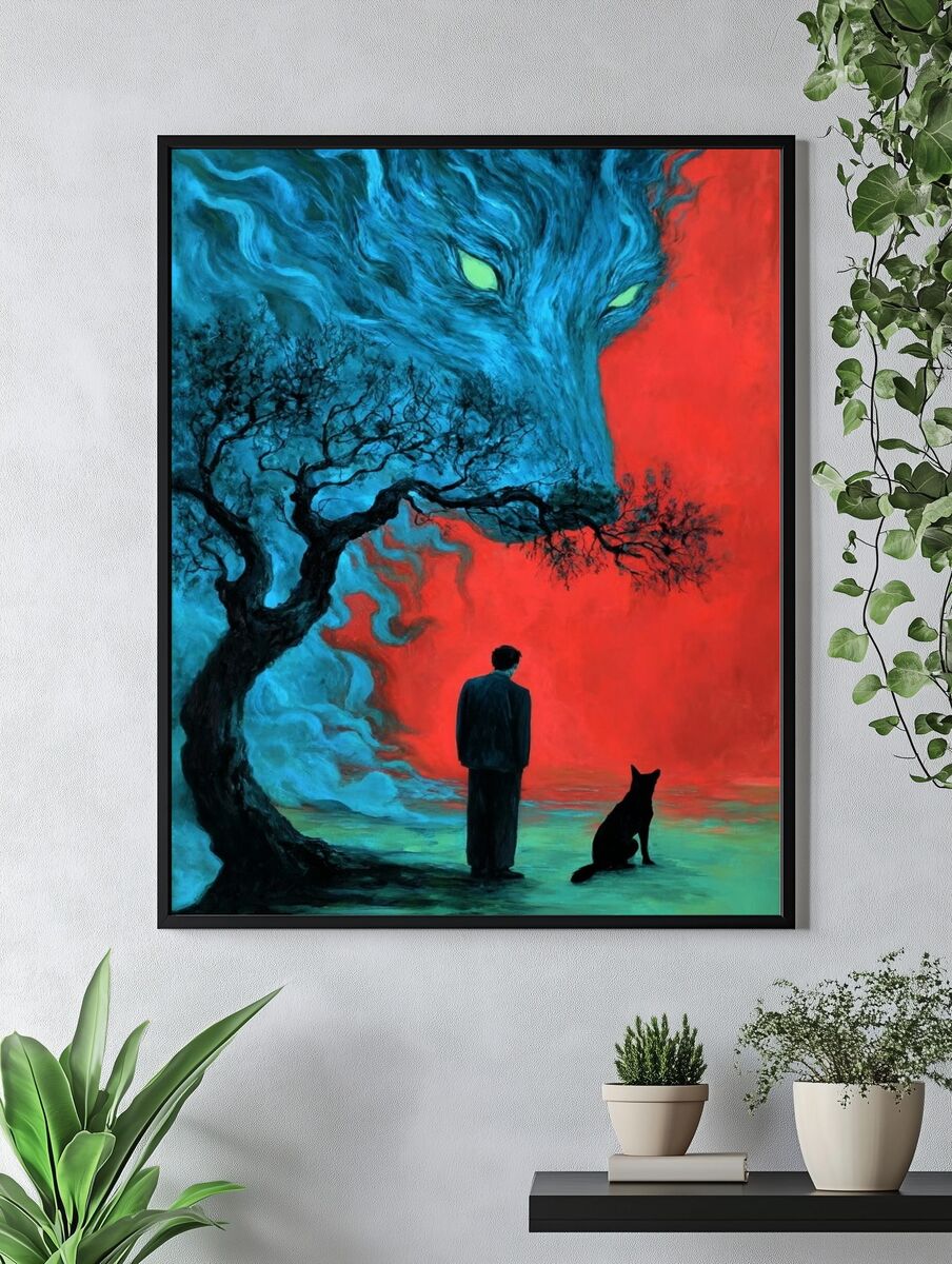 Mysterious Wolf & Man — Dark Surreal Wall Art Print. — room view 4