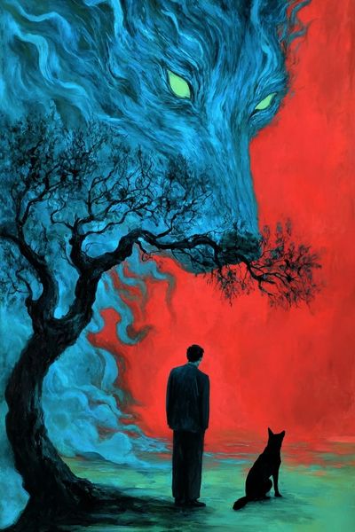 Mysterious Wolf & Man — Dark Surreal Wall Art Print. poster