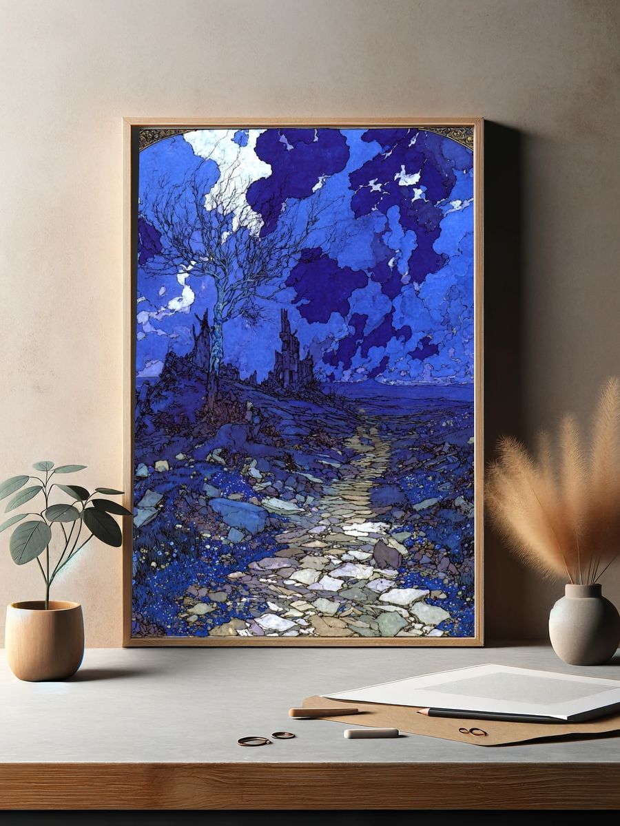 Mystical Ruins Under Blue Sky Poster. — room view 2