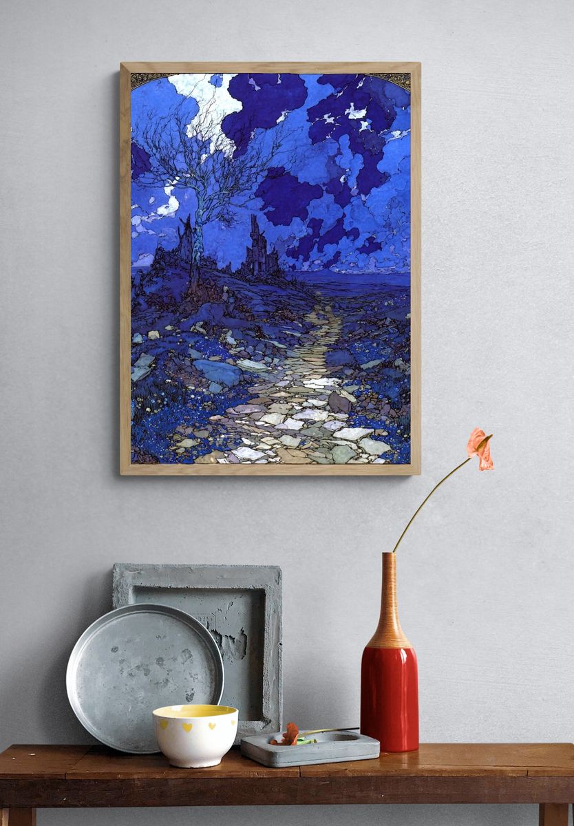 Mystical Ruins Under Blue Sky Poster. — room view 3