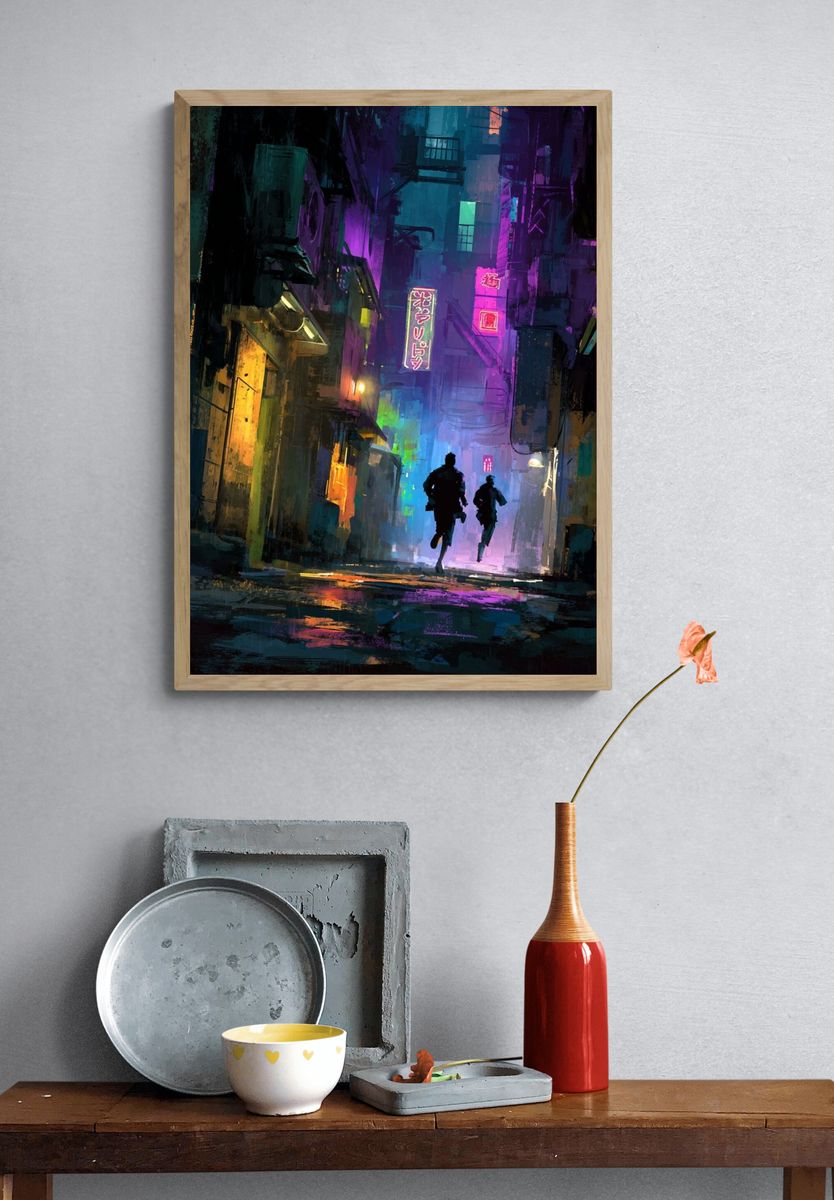 Neon Alleyway — Digital Art Print. — room view 3