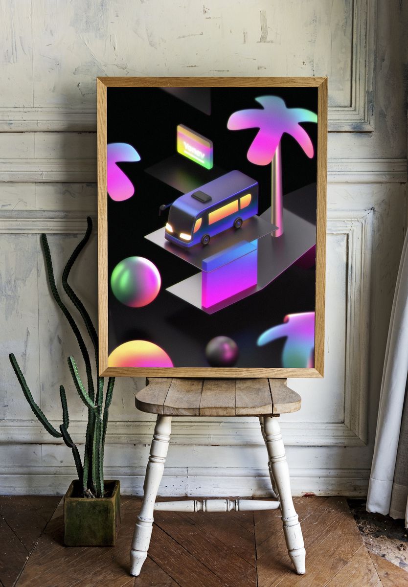 Neon Camper Van Illustration Poster. — room view 1