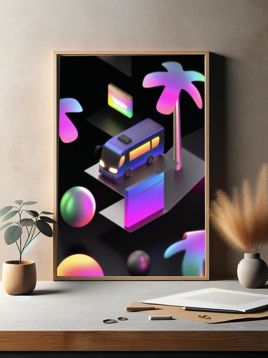 Neon Camper Van Illustration Poster. — room view 2