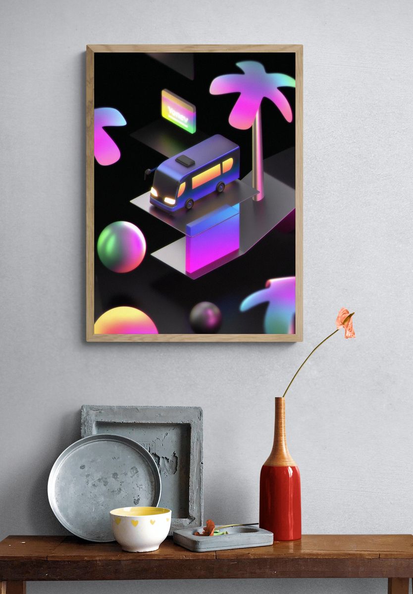 Neon Camper Van Illustration Poster. — room view 3