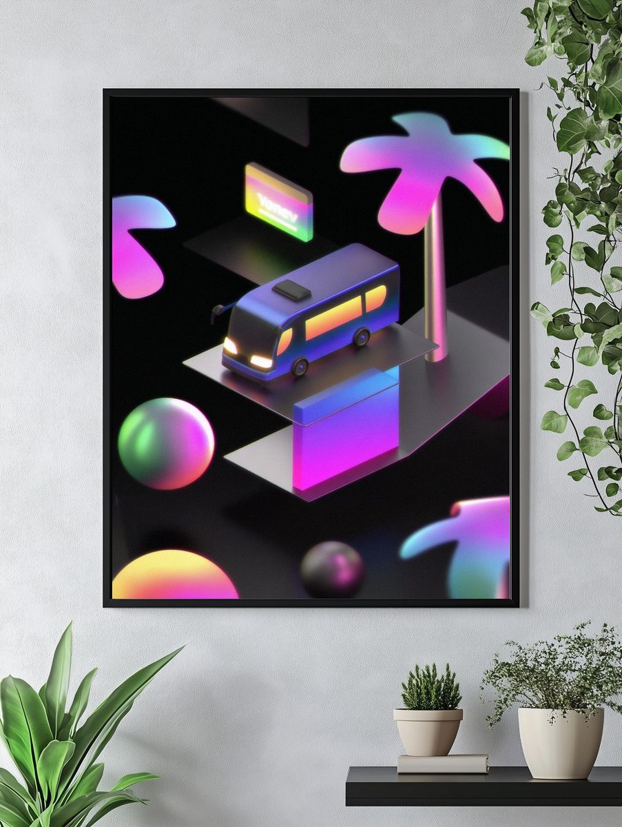 Neon Camper Van Illustration Poster. — room view 4