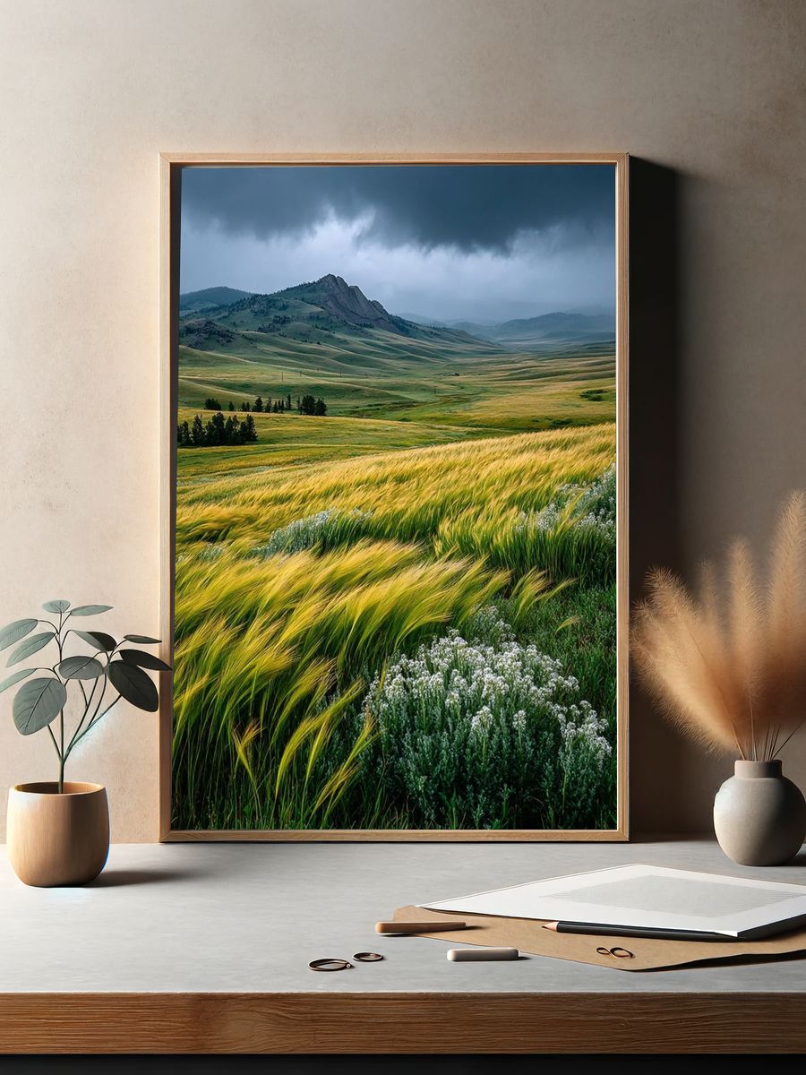 Golden Fields Under Stormy Sky Poster. — room view 2
