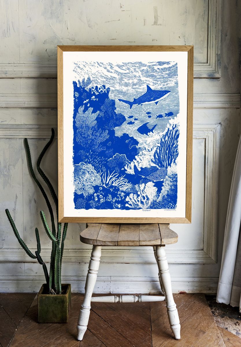 Underwater Sharks — Illustration Print. — room view 1