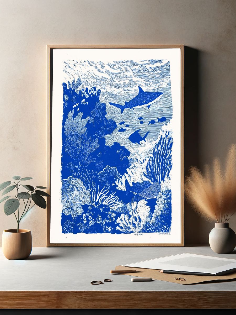 Underwater Sharks — Illustration Print. — room view 2