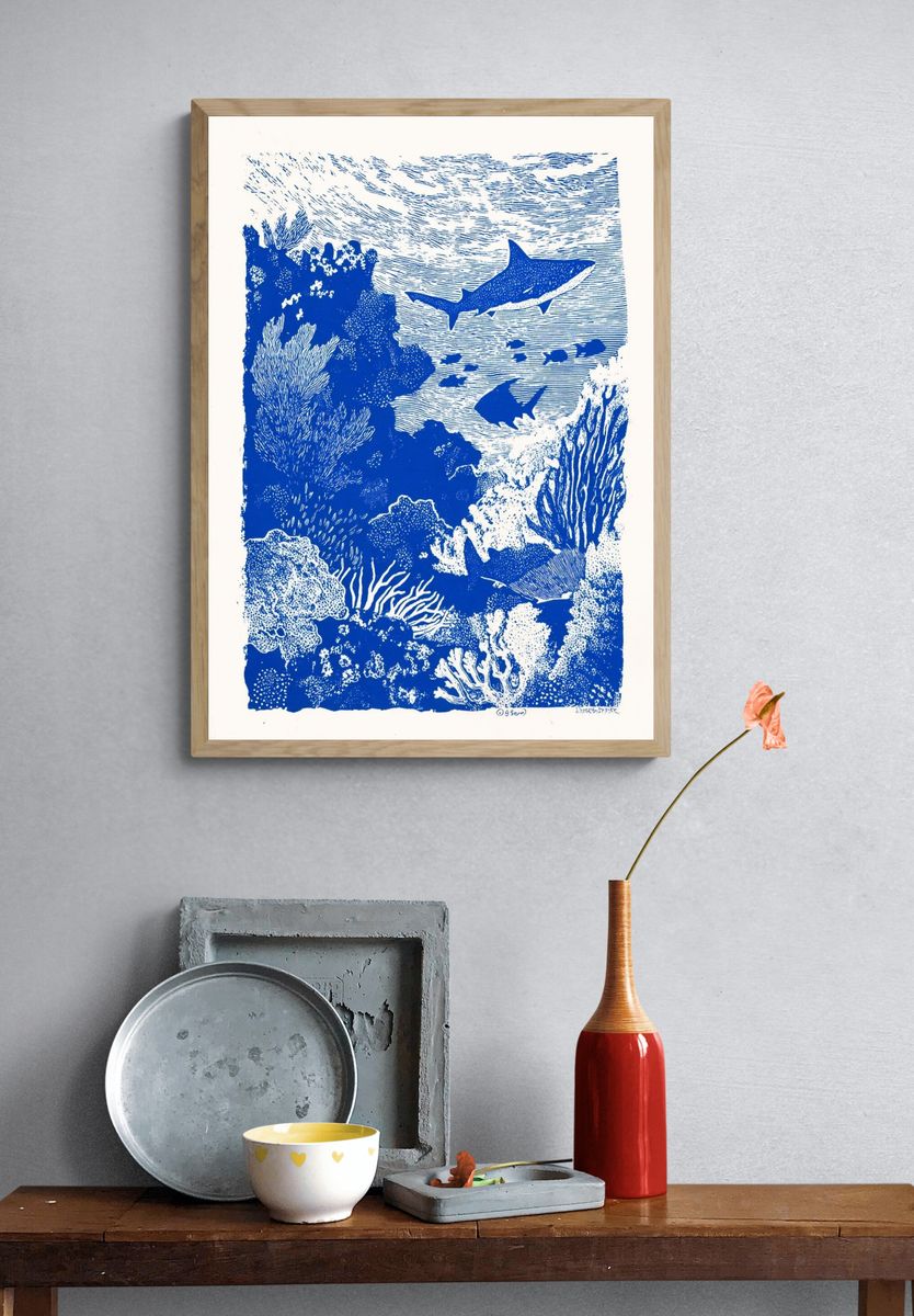 Underwater Sharks — Illustration Print. — room view 3