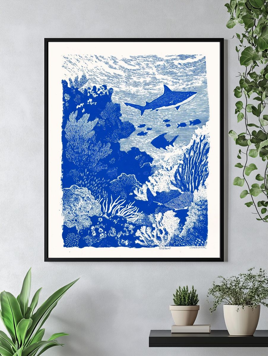 Underwater Sharks — Illustration Print. — room view 4